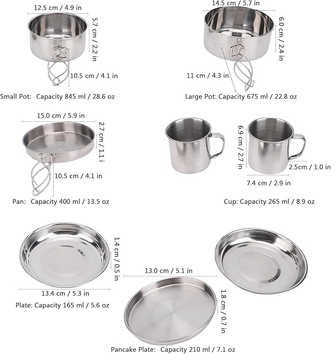 8PCS Stainless Steel Camping Cooking Set Cookware Mess Kit Cook Pots and Pan Set with Plates Cups Lightweight Camping Cookware for Hiking Backpacking Outdoor Cooking and Picnic