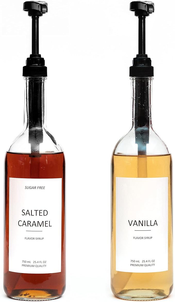 Demi's Home 25.4 oz 750 ml Glass Coffee Syrup Dispenser for Coffee Bar - 2 Pack - Comprehensive Label Set &amp ¼ oz Pumps Included