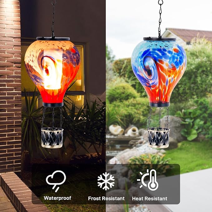 Starsoul Unique Hot Air Balloon Solar Lantern Glass Outdoor Hot Air Balloon Solar Flickering Flame Light Waterproof Hanging Lantern with Big Basket for Garden Yard Patio Decor