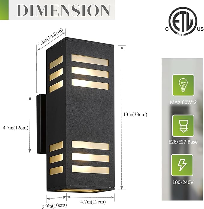 harriet Porch Lights Outdoor Modern - IP64 Waterproof Aluminum and Tempered Glass Cover 13 Rectangular Up/Down Wall Sconce for Porch Garage &amp Patio Exterior Lighting Black