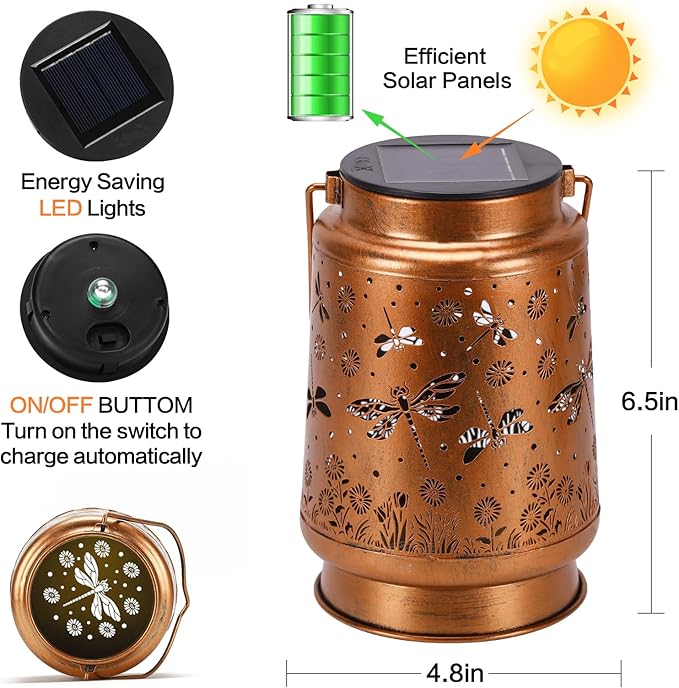 2 Pack Dragonfly Solar Lanterns Outdoor Waterproof Rose Garden Decor Gifts for Women Mom Grandma Hanging Solar Lights Metal Lantern Decoration Outside for YardPatioBackyardPorch