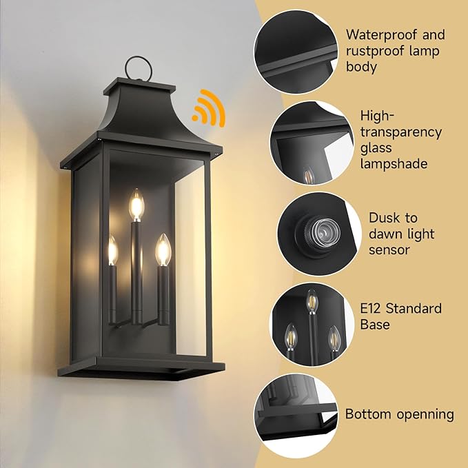 Extra Large Outdoor Wall Lights Dusk to Dawn Sensor Outside Lights Exterior Lighting Fixtures Wall Mount Wall Sconce Light Outdoor Lanterns for Porch Black 28 3-Light 1-Pack