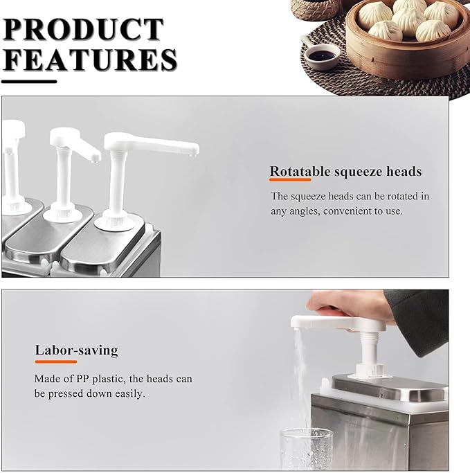 Condiment Pump Station Sauce Dispenser Stainless Steel and Plastic Syrup Pump Dispenser with 30ml Squeeze Capacity Kitchen Sauce Pump for Ketchup Mustard Honey Milk Chocolate Oil (2L Triple Pump)