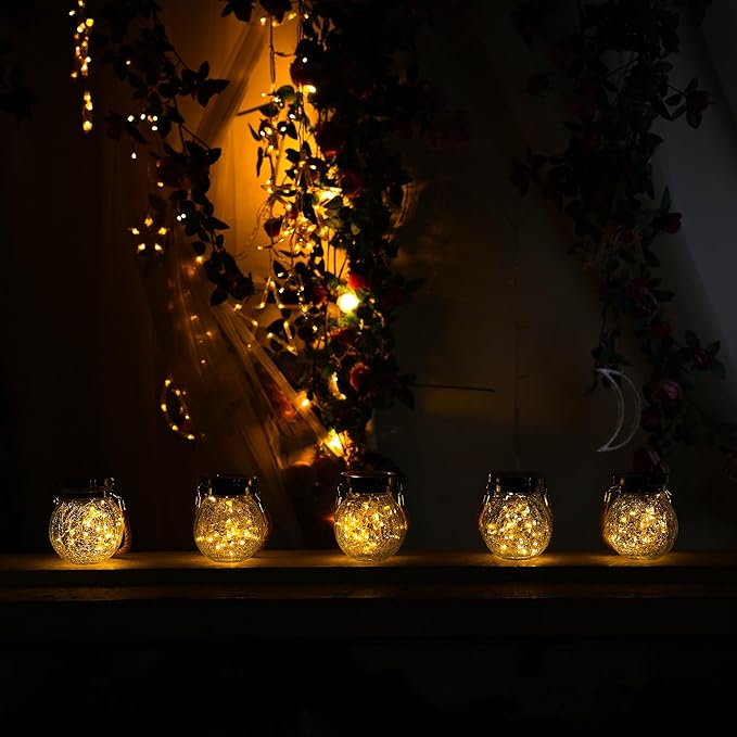 Cooo Gifts for her him 2 Pack Solar Lanterns Outdoor Waterproof Heavy Crackle Glass 30 LED Warm Firefly Lights Stainless Steel Lid 215% Solar for Women Mom Grandma Outdoor Lamps Garden Yard Decor