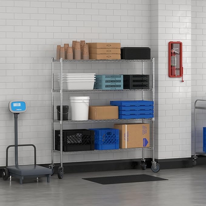 Commercial NSF Listed Chrome Mobile Wire Shelving Kit 12 x 54 x 60 with 4 Shelves Perfect for Warehouse Walk-in Refrigerator Freezer Grocery Store Restaurant Dishroom
