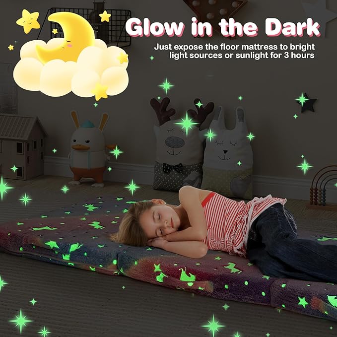Costzon Foldable Floor Mattress for Kids Glow in The Dark Toddler Floor Nap Mat w/Washable Flannel Cover Tri-Folding Children Floor Bed for Sleeping Daycare Playroom School Kindergarten or Nursery