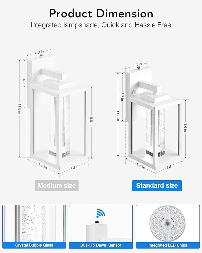 VIANIS White Exterior Lighting Fixtures Wall Mount for House 100% Aluminum Outdoor Sconces Wall Lighting for Garage with Integrated 10W LED Light Source Dusk to Dawn Coach Lights Outdoor Lantern
