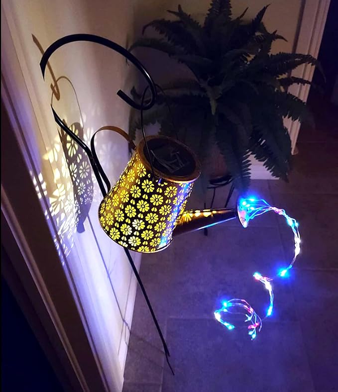 2 Pack Solar Watering Can Lights with Shepherd Hook 8 Multi-Color Changing Modes IP65 Waterproof 60pcs String Lights for Outdoor Garden Pathway Lawn Patio Deck Walkway Courtyard