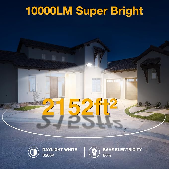 Onforu 100W Dusk to Dawn LED Outdoor Flood Light with Timer 9000LM Adjustable Brightness Work Light IP66 Waterproof Security Light with Plug for Yard 2 Pack