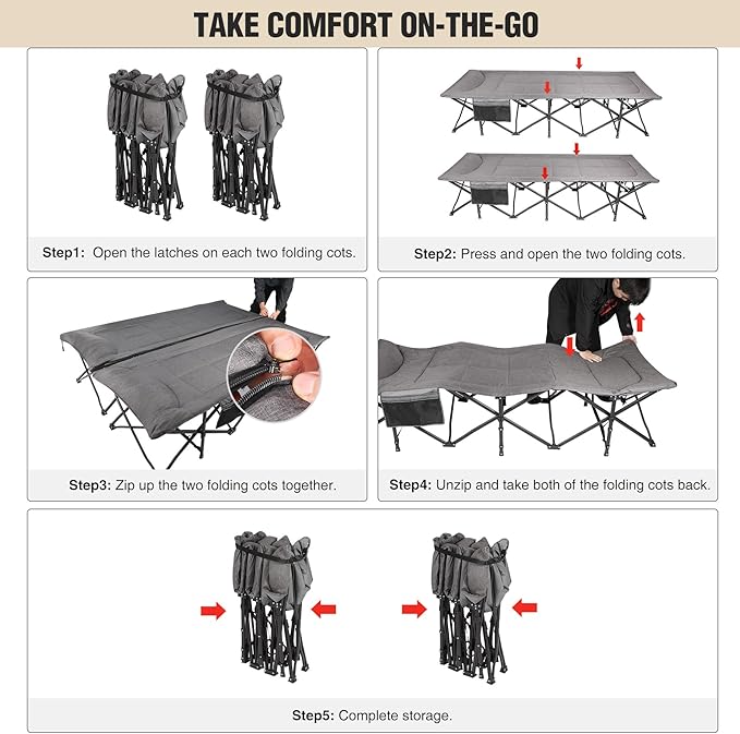 REDCAMP 2 Person Extra Wide Camping Cots for Adults 500lbs 59 W Oversized Heavy Duty Sleeping Cots XXXL Cots Portable for Indoor Office Outdoor Grey