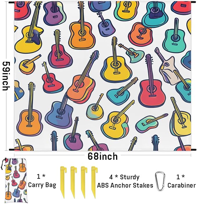 Waterproof Sandproof Beach Blanket 59''×68'' Colored Guitar Polyester Outdoor Picnic Blanket with 4 Stakes &amp Storage Bag for BeachCampingVacation White
