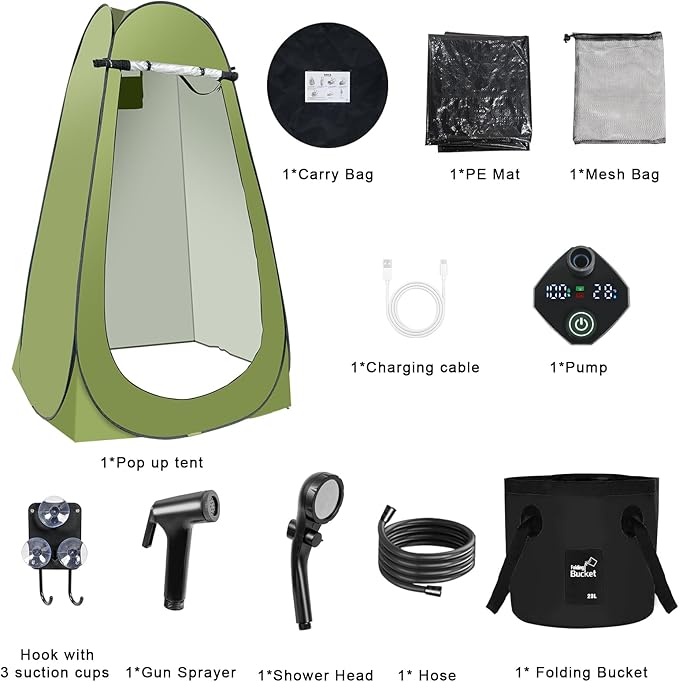 Pop Up Shower Tent for Camping Portable Outdoor Privacy Shower Tent with 6000mAh Rechargeable Shower