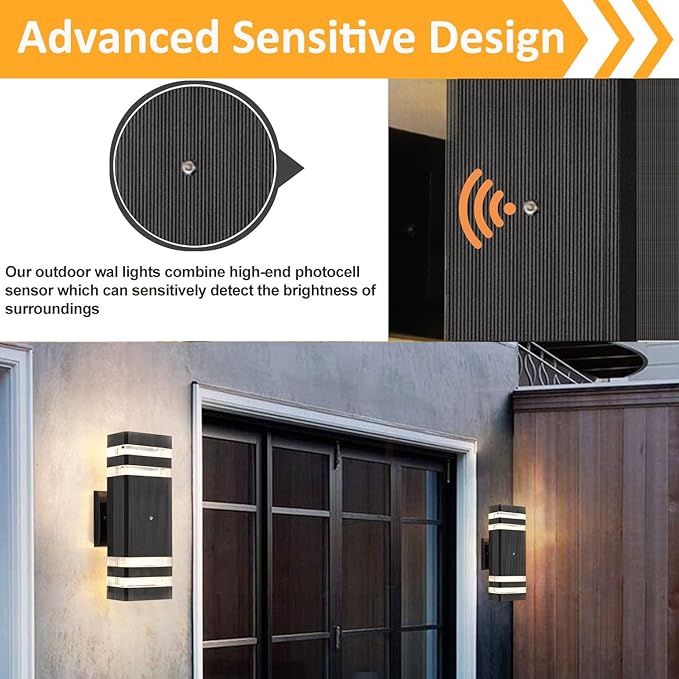 Dusk to Dawn Sensor Outdoor Wall Light Up and Down Porch Wall Light Simple Black Aluminum Exterior Wall Sconces 2-Pack