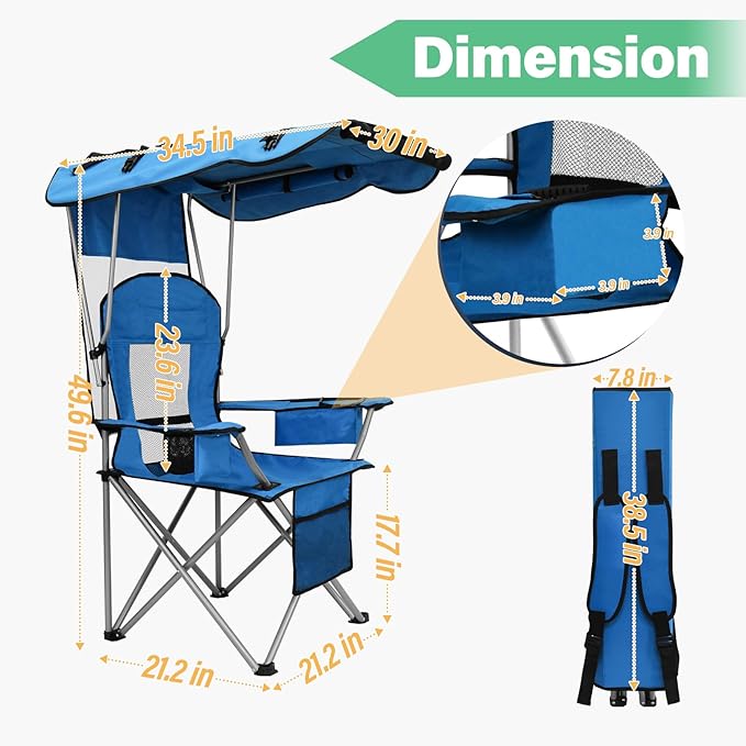 BDL Camping Chair with Canopy Shade Portable Foldable Canopy Chair with Cooler Mesh Backrest Cup Holder and Pocket for Camping Fishing Beach and SportsSky-Blue
