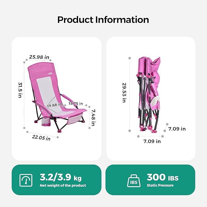 SUNNYFEEL Folding Beach Chair High Back Beach Chairs for Adults Lightweight Portable Camp Chair 300lbs Heavy Duty with Carry Bag Mesh Back Cup Holder for Outdoor Travel Picnic Concert Pink
