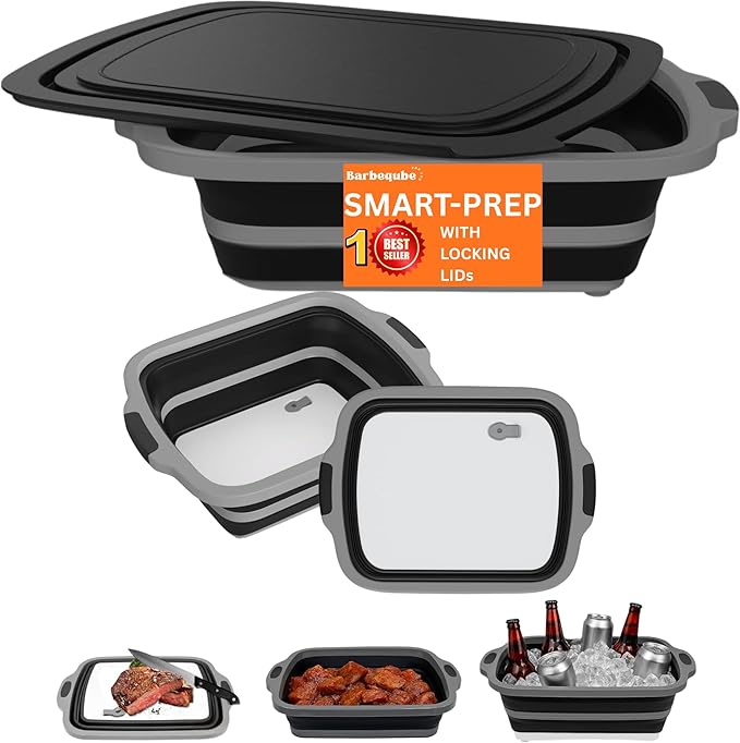 Collapsible BBQ Prep Tub XL with Locking Lid &amp Cutting Board - Pro-Grade Silicone Grill Station for Brisket Ribs Meal Prep - Space-Saving Portable Container for Camping Tailgating &amp Outdoor