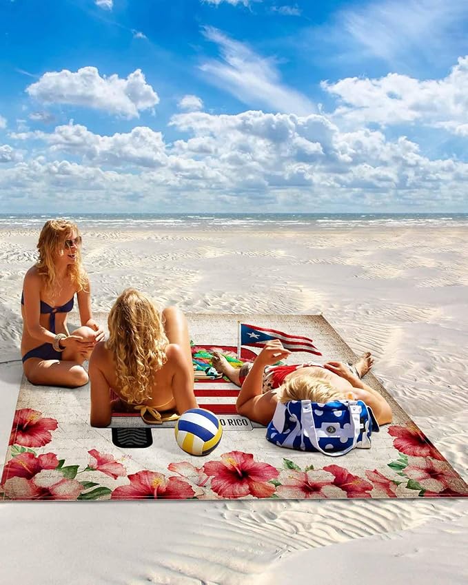 Beach Blanket Waterproof Sandproof Oversized Puerto Rican Flag Car Beach Mat with Corner Stakes Sand Pockets Algiers Frog on Vintage Letter Outdoor Picnic Mat for Travel Camping Hiking 118x108In