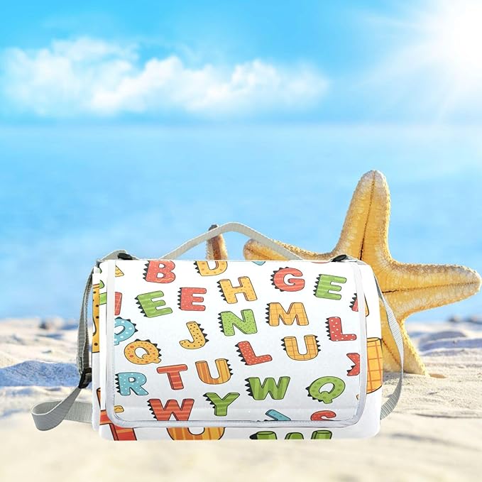 MNSRUU Picnic Blanket Waterproof Foldable ABC Simple Cartoon Large Outdoor Picnic Beach Camping Blanket Travel Mat Shoulder Strap Tote Rectangle 57x59in