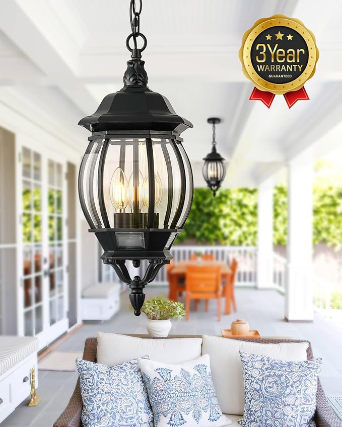 VIANIS 3-Light Large Pendant Light Fixtures Modern Exterior Hanging Lantern Light Waterpoof Matter Black Outdoor Chandelier for Porch with Adjustable Chain Outdoor Ceiling Lights for Front Patio