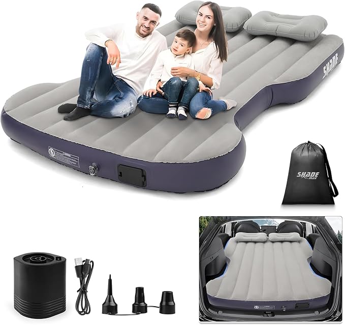 Self-Inflating Car Air Mattress for Tesla Model Y 2025 2024-2020/Model Y Juniper Outdoor Camping Air Bed with 2 Pillows Built-in Pump Air Couch Mat Flocking Air Cushion Model Y Accessories(Beige&ampB