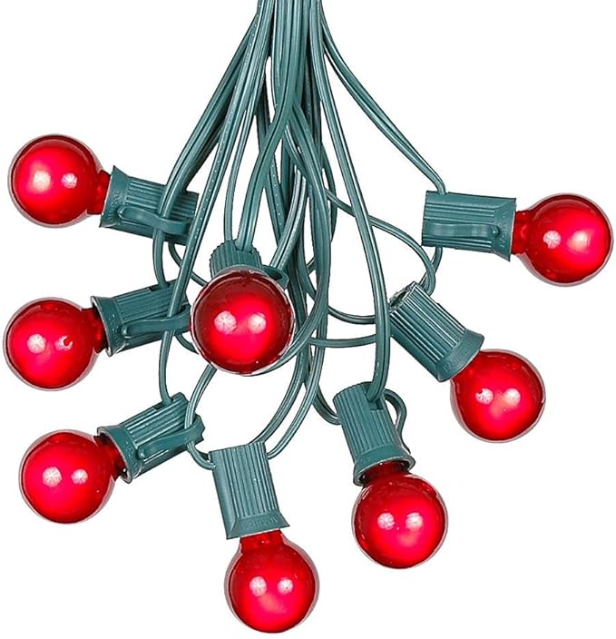 25 Foot G30 Outdoor Patio String Lights with 25 Red Globe Bulbs – Indoor Outdoor String Lights – Market Bistro Café Hanging String Lights – C7/E12 Base - Green Wire