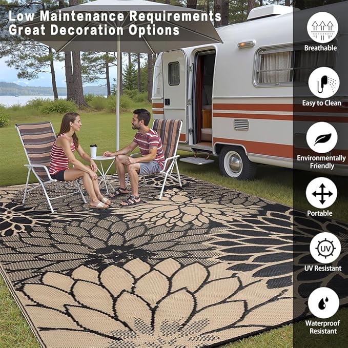 HUGEAR 8'x10' Outdoor Rug Waterproof Plastic Straw Rugs Large Brown Reversible Floral Mat Floor Carpet for Camping RV Deck Entryance Porch Picnic Balcony Beach Backyard