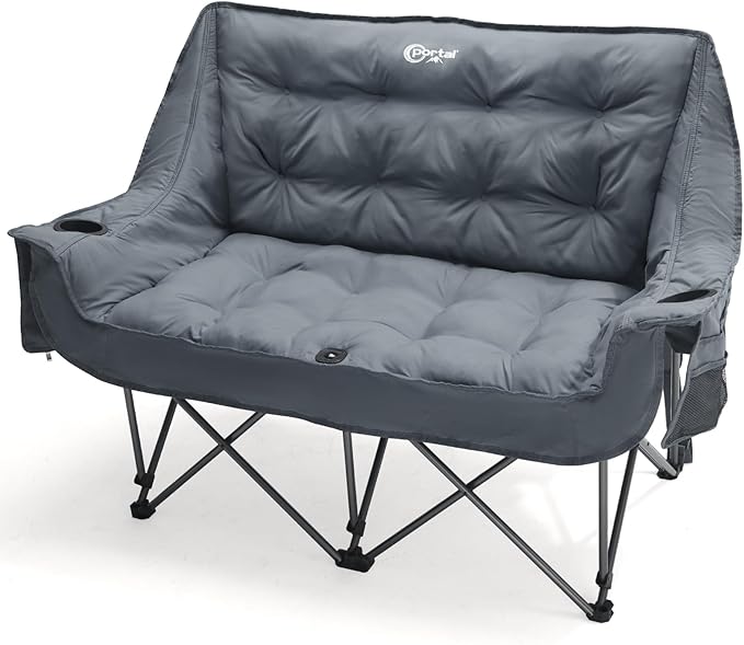 Portal Double Camping Chair 2 Person Folding Loveseat for Adults Padded Cushion Camp Lawn Love Seat with Side Pocket Portable Couch Two Person Heavy Duty Wide Chairs with Cup Holder 600 lbs