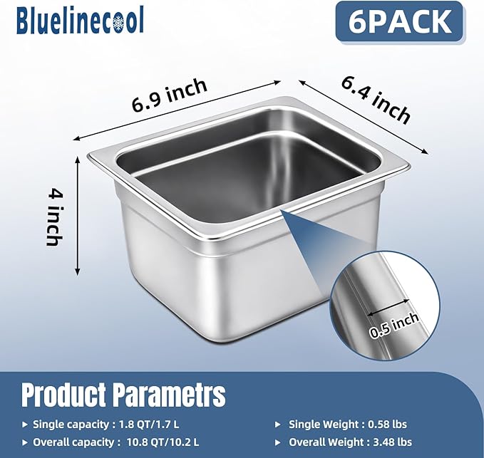 6 Pack 1/6 Size Steam Table Pans 4” Deep Anti-Jam Stainless Steel Hotel Pans Food Prep Pans for Restaurant Buffet Catering Hotel Dishwasher Safe