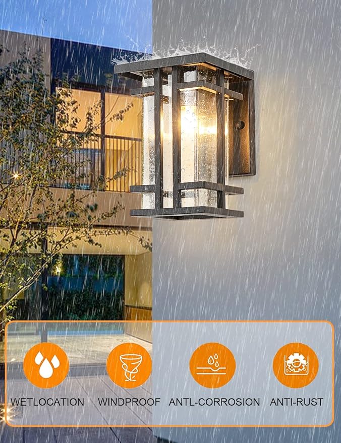 Retro Outdoor Wall Light Small Outside Wall Lamp with Clear Seeded Glass Shade 10H Exterior Light Fixtures Wall Mount IP65 Waterproof Outdoor Porch House Lighting Exterior Wall Lantern E26Black