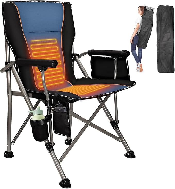 Heated Camping Chair with 20000 mAh Battery Loog-Lasting for 500 Mins Fully Padded Heated Camp Chairs Heavy Duty Folding Chairs Supports 500 lbs for Winter Camping Picnics Tailgating RV Travel