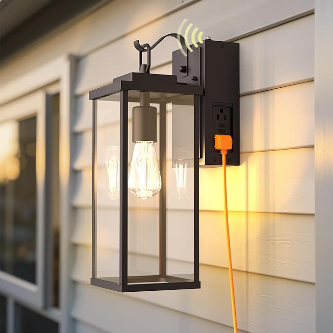 L LOHAS LED Upgraded Dusk to Dawn Outdoor Wall Lights with GFCI Outlet 17 Inch Matte Black Waterproof Anti-Rust Outdoor Light Fixtures with Clear Glass Exterior Light Fixtures for Porch Garage ETL