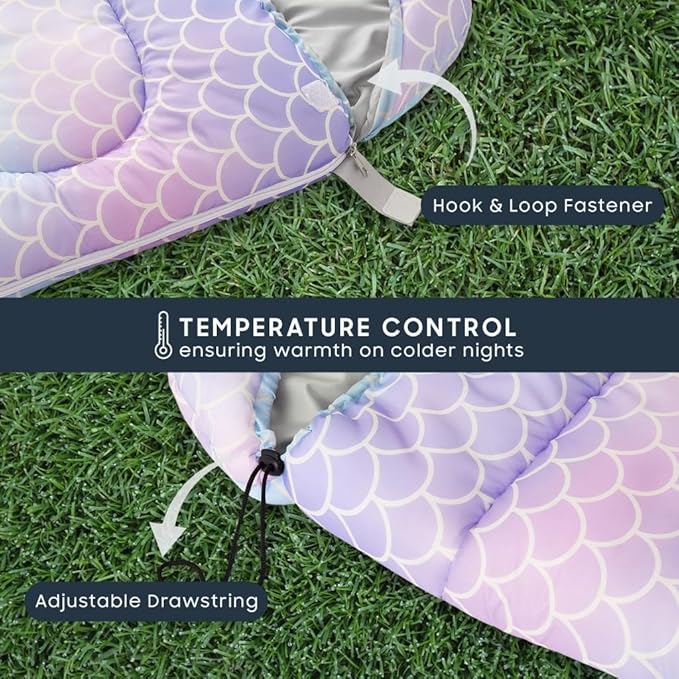 Wake In Cloud - Kids Sleeping Bag for Girls Toddlers Camping in Warm Cold Weather Backpacking Lightweight Compact Outdoor Liner for 3 Seasons Summer Spring Fall Mermaid Purple Blue