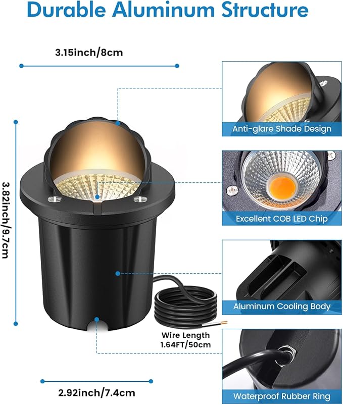 HIBOITEC Low Voltage Landscape Lights 12W LED Outdoor In-Ground Lights 1200LM Waterproof IP67 Landscape Lighting Anti-Glare Die-Cast Aluminum Garden Lights for Pathway Tree Yard 6 Pack