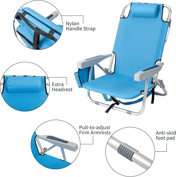 Outvita Backpack Beach Chair 5 Level Adjustable Positions Beach Chair with Back Storage Bag Cooler Pouch and Side Bags for Beach Poolside Lawn