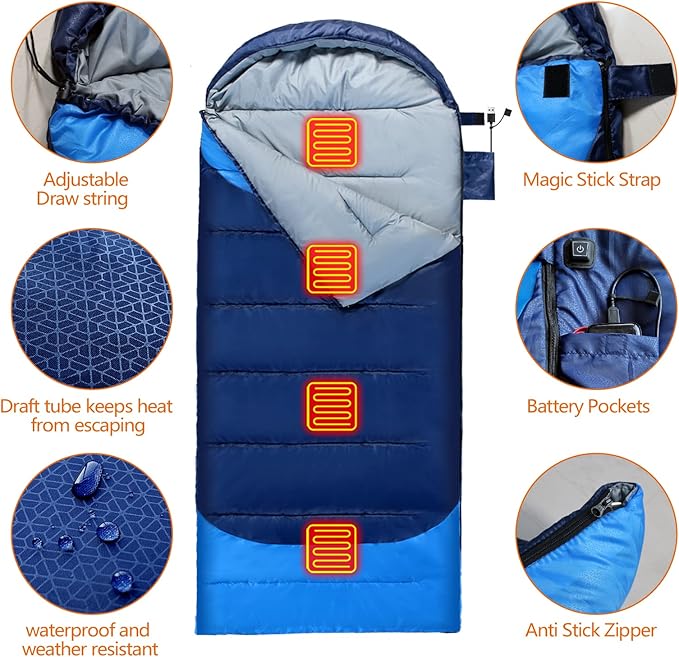 Sojoy Heated Sleeping Bag for Adult-4pcs Heating Areas and 3 Adjustable Heating Levels-Great for Cold Weather Outdoor CampingBackpacking&ampHiking