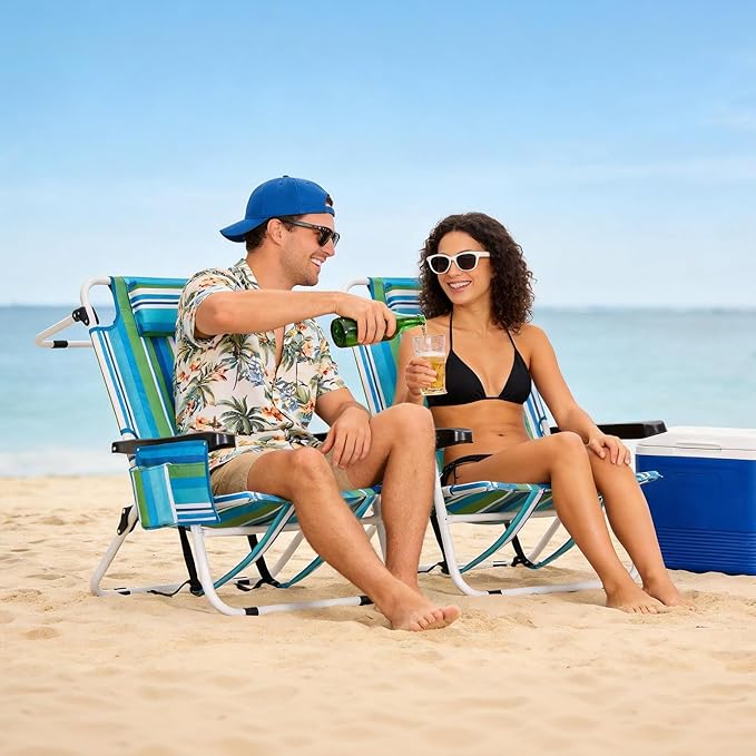 Beach Chair for AdultsPortable 5 Position Backpack Beach Chair Reclining Lay Flat Lightweight Folding Camping Chair w/Large Cooler PouchSupport to 350LBSBlue Low Hight