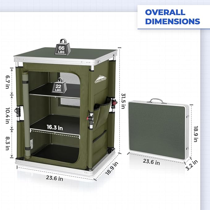 EAGLE PEAK Outdoor Folding Camping Table with Large 3-Tier Storage Organizer and Side Pockets Easy Set Up Portable Aluminum Camping Kitchen Green