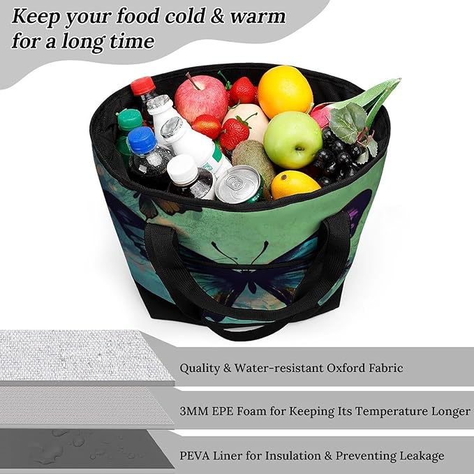 Insulated Shopping BagLarge Reusable Cooler Bags Artistic Butterfly Printed Foldable Shopping BagTravel Waterproof Shoulder Bag