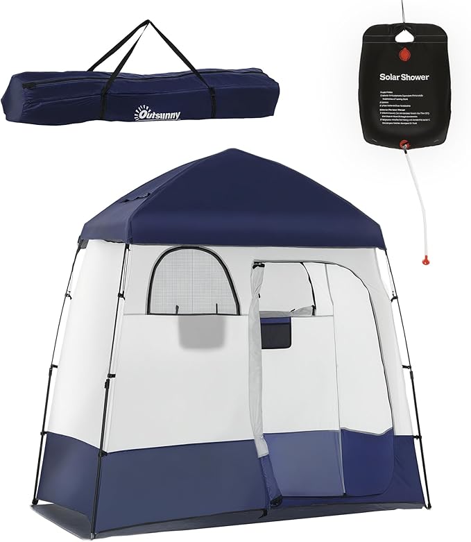 Outsunny Shower Tent Pop Up Privacy Shelter for Camping Dressing Changing Room Portable Instant Outdoor Shower Tent Enclosure w/ 2 Rooms Shower Bag Floor and Carrying Bag Blue