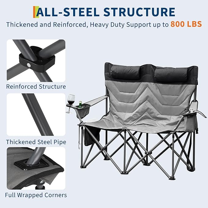 Heavy Duty Oversized Camping Chair for 2 Person Padded Loveseat Chair with High Back Support &amp Headrest 700 LBS Support for Adult Outdoor Folding Chair for Beach Fishing Backyard