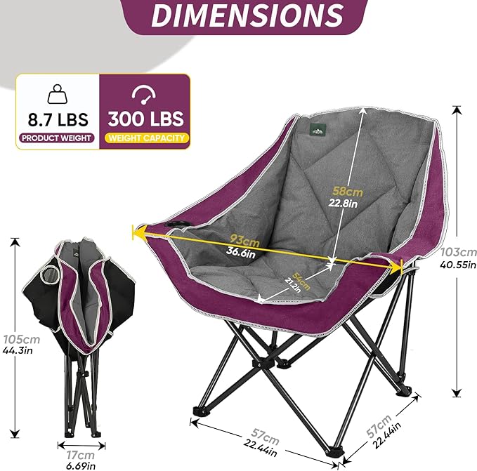 Northroad Oversized Foldable Camping Chair Outdoor Padded Lawn Chair w/Cup HolderCarry Bag for Beach Hiking and PicnicsHeavy-Duty 300-lbs Capacity Purple