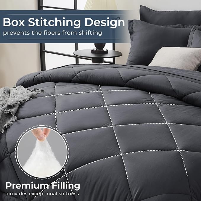 HEVUMYI 120x98 Oversized King Comforter Set Dark Grey- 7-Piece All Season Bed in a Bag Oversized King Soft Bedding Set with Comforter Flat Sheet Deep Pocket Fitted Sheet Pillowcases Pillow Shams