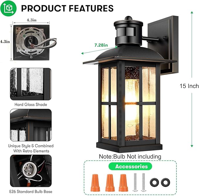 15inch Large Outdoor Wall LightsModern Black Exterior Lantern Wall Light Fixture with E26 Sockets &amp Tempered GlassWaterproof Porch Wall Lighting for GarageGarden