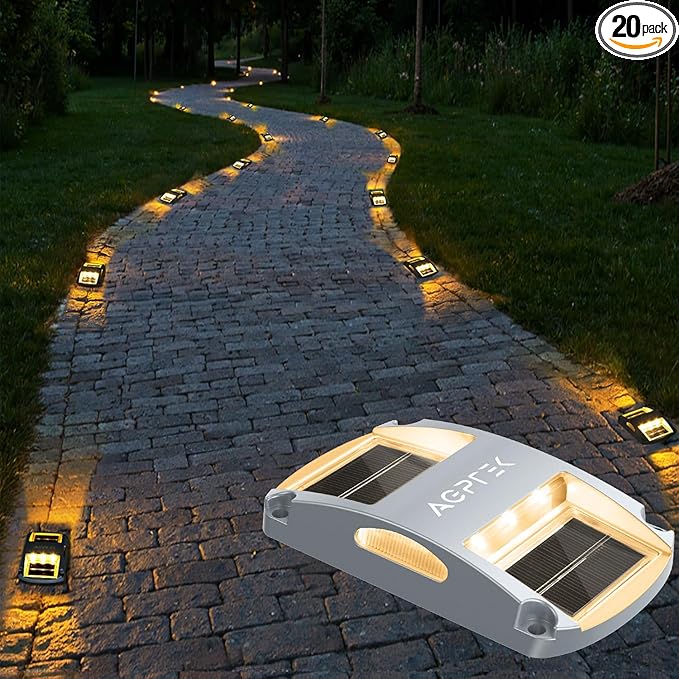 AGPTEK Solar Driveway Lights 20 Pack Outdoor Deck Dock Marine LED Solar Powered Waterproof Driveway Marker Lights for Warning Step Sidewalk Pathway Garden Yard (Warm White)