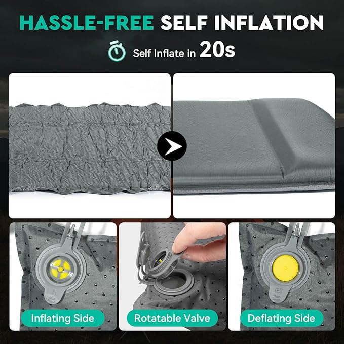 Hikenture Self Inflating Sleeping Pad for Camping 3'' Ultra Thick Camping Pad with Pillow 9.5 R-Value Insulated Camping Mattress 4-Season Inflatable Foam Camping Mat for Car Tent Cot