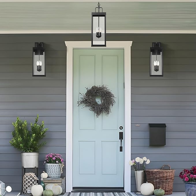 Large Outdoor Pendant Lantern Light Fixture for Front Porch 24 Inch 3-Light Black Exterior Hanging Chandelier with Clear Glass Outdoor Indoor Pendant Lamp for Patio Gazebo Entryway Doorway