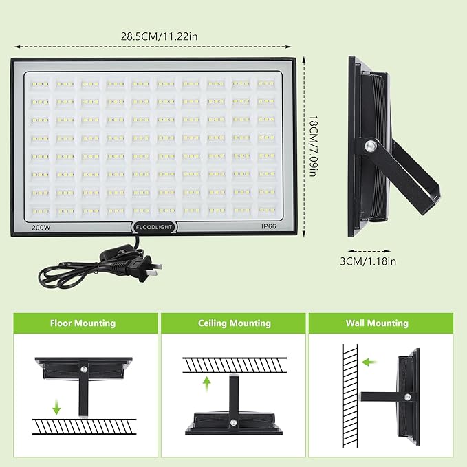 VAYALT 200W Led Flood Light Outdoor 2 Pack 20000LM Bright Floodlight Outside Work Light with Plug 6500-7000K Daylight Exterior Flood Light for Garage Yard Parking Lot Chicken Coop (IP66)