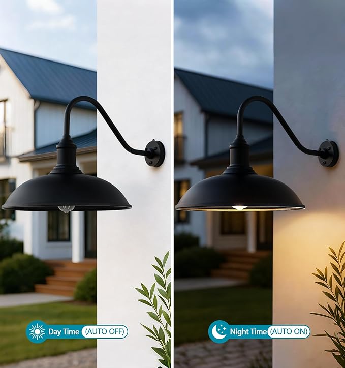 Outdoor Barn Light - 18 Inch Dusk to Dawn Large Exterior Fixture with Extended Arm Gooseneck Light - Waterproof and Rust Resistant for Farmhouse Garage Porch