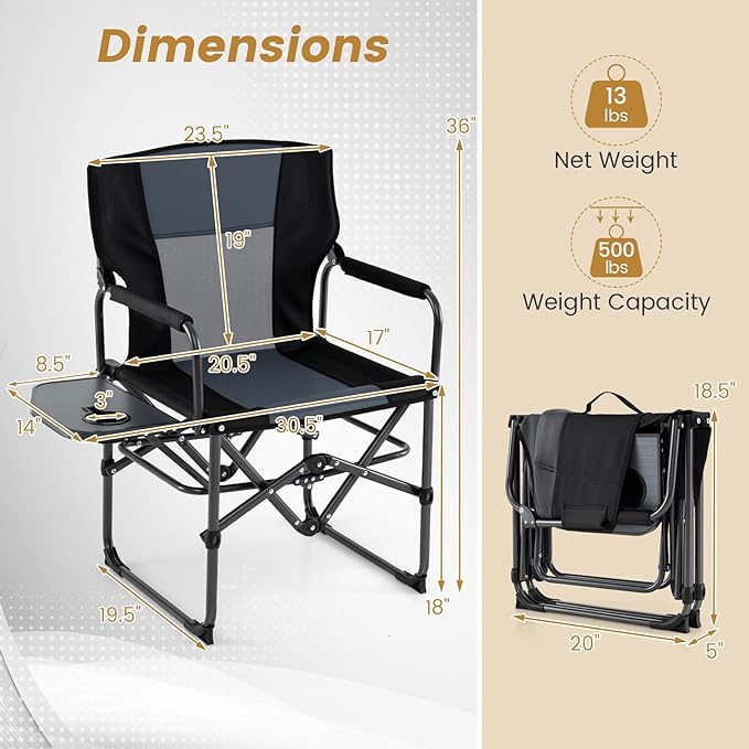 Goplus Folding Camping Chair Heavy-Duty Director Chair with Side Table &amp Cup Holder Portable Padded Chair with Carrying Bag for Picnic Beach Fishing Sports Supports up to 500 LBS