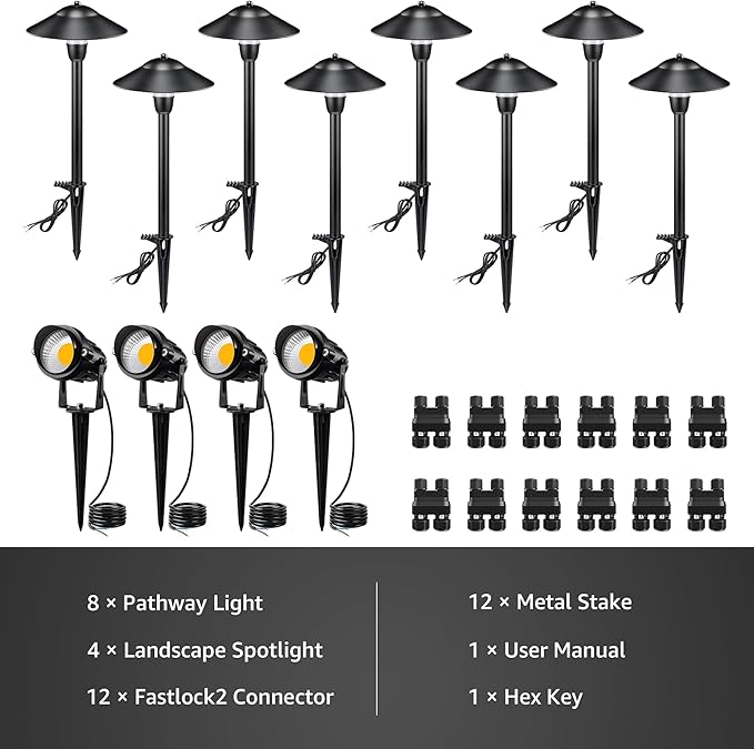 SUNVIE LED Low Voltage Landscape Lighting 12V Landscape Lighting Kit with Connectors Low Voltage Pathway Lights with Spotlights Aluminum Pathway Lights Wired Waterproof for Patio Yard Garden 12 Pack